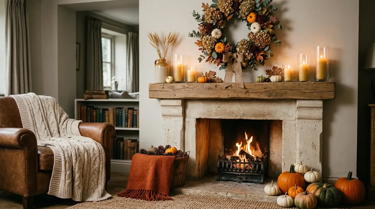 Cottage-style fireplace with floral wreath, knit blankets, pumpkins, and candlelight.