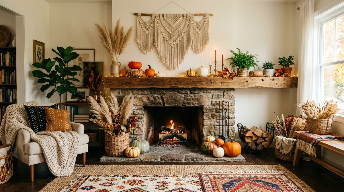 Bohemian fall fireplace with rugs, macrame, colorful pumpkins, and dried pampas grass.