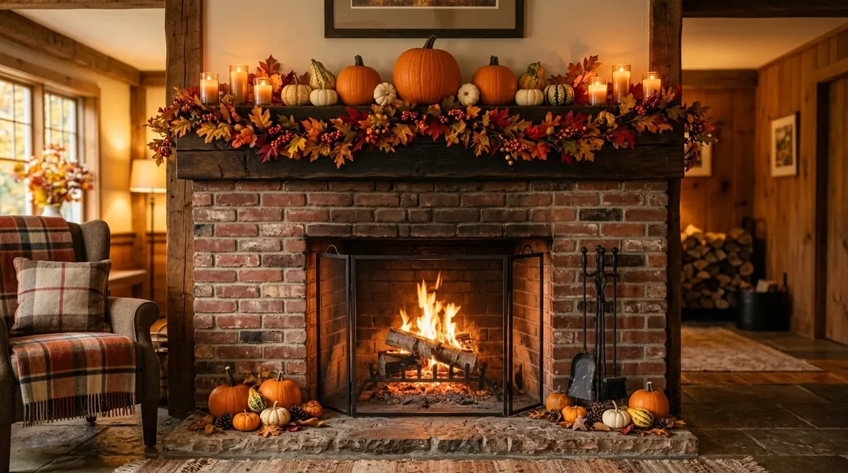 Traditional brick fireplace with pumpkin symmetry, leaf garland, candles, and rustic warm light.