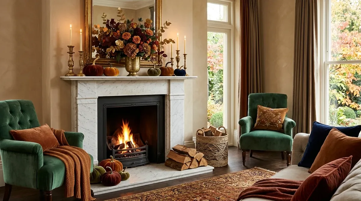 Luxury fall fireplace with marble surround, velvet accents, gold candles, and elegant autumn florals.