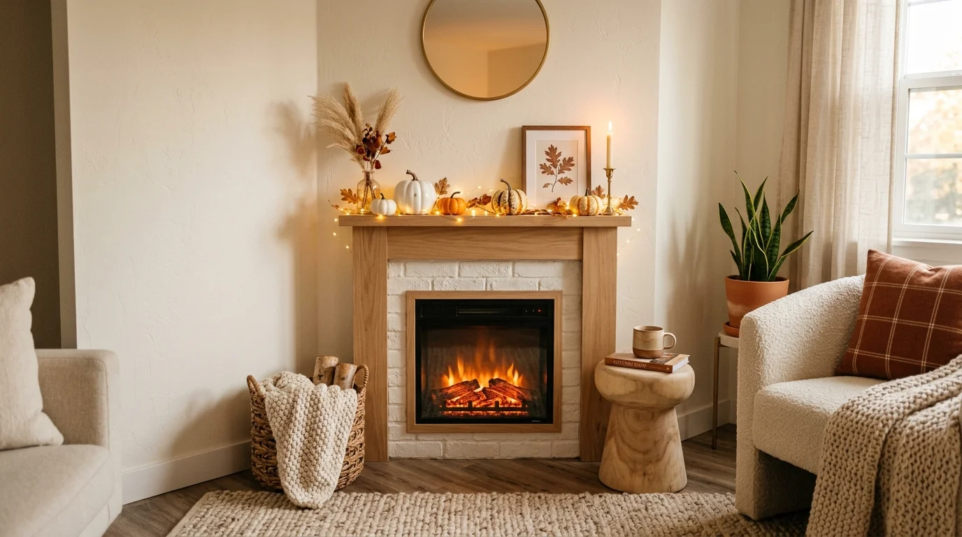 Small apartment fireplace with mini pumpkins, fairy lights, and compact cozy fall decor.