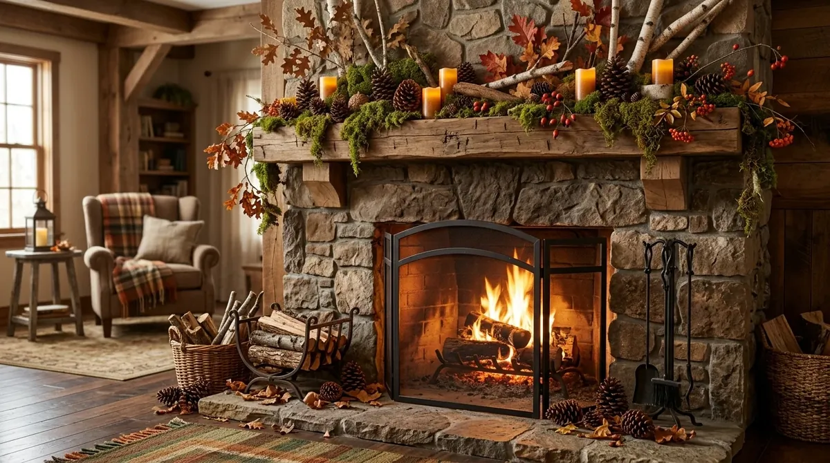 Woodland-inspired fireplace with branches, moss, pinecones, and earthy autumn colors.