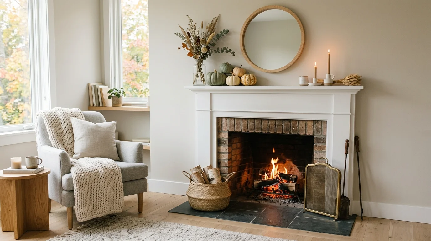 Scandinavian fireplace with white mantel, muted pumpkins, wood accents, and minimal cozy styling.