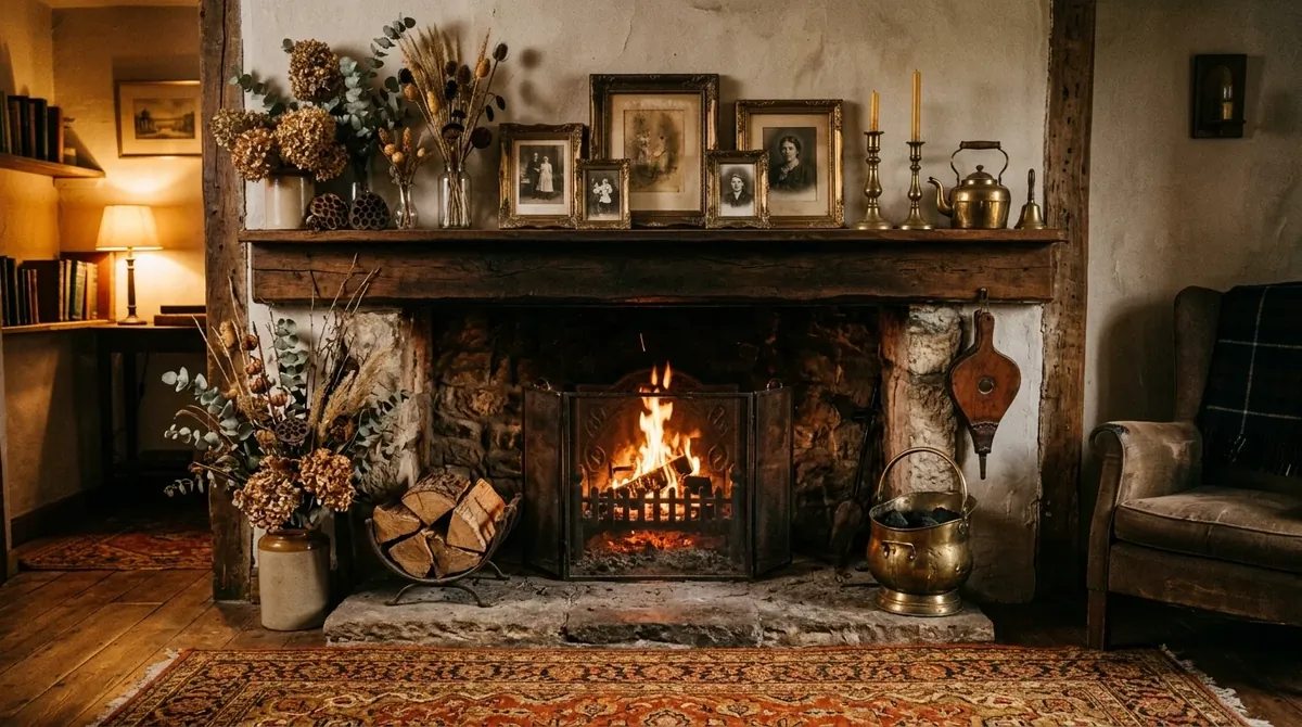 Vintage fireplace with antique frames, aged brass, dried flowers, and nostalgic firelight.