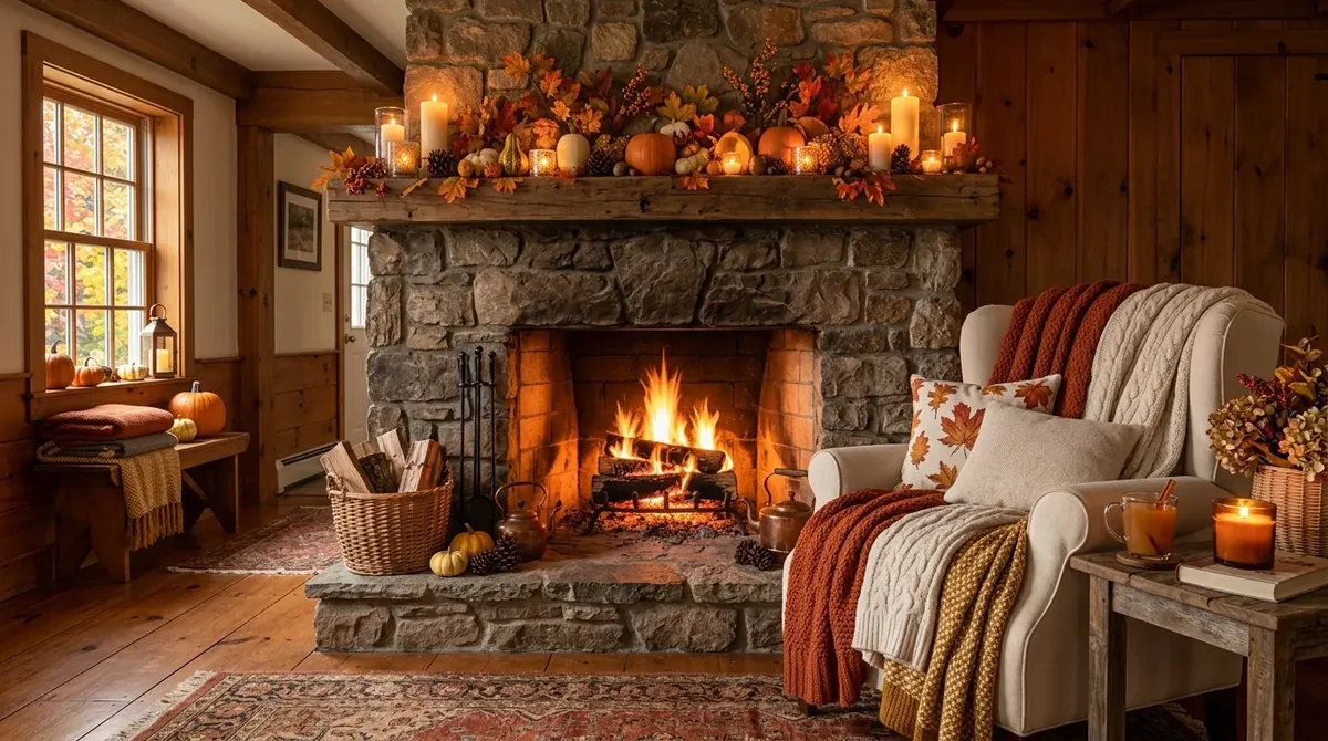 Cozy bright fireplace with knit blankets, candle clusters, glowing fire, and abundant autumn foliage.