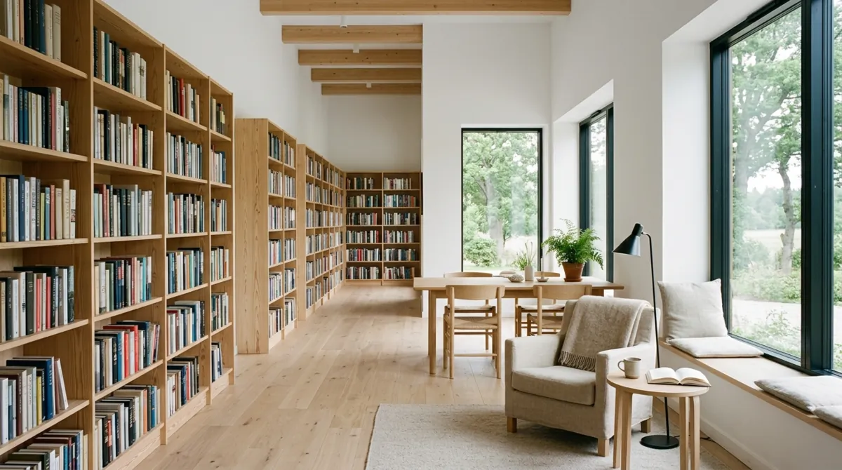 Scandinavian home library with pine shelves, white walls, beige textiles, and bright natural daylight.