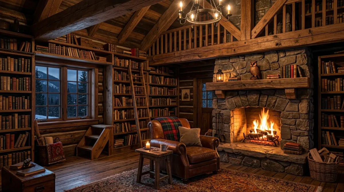 Rustic cabin-style library with wood beams, stone fireplace, leather chair, and warm firelight.