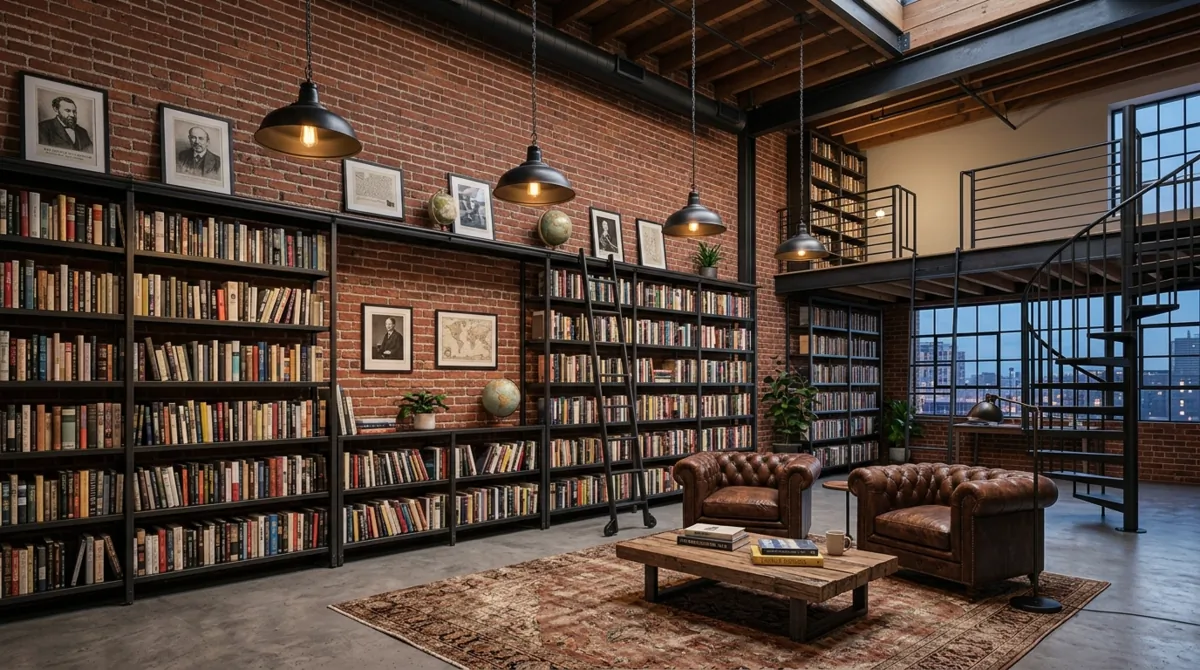 Modern loft library with black metal shelving, exposed brick, leather seating, and industrial pendant lighting.