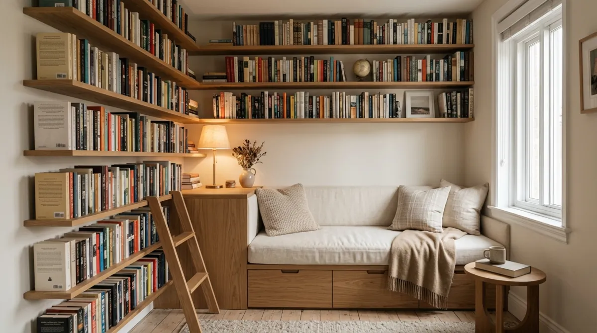 Small-space home library with wall-mounted shelves, corner reading bench, hidden drawers, and soft neutral palette.