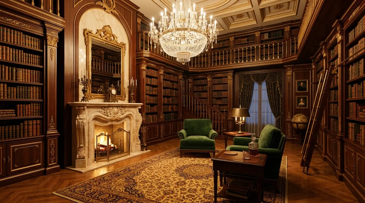 Elegant luxury library with marble fireplace, gilded trim shelves, plush armchairs, and crystal chandelier.