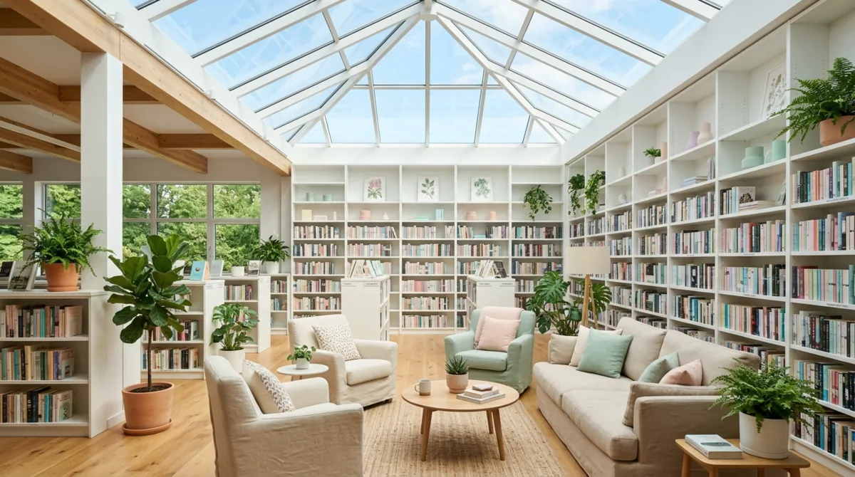 Bright airy library with white shelving, pastel accents, skylight, greenery, and linen seating.