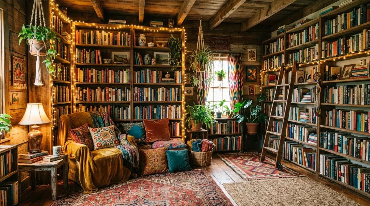 Bohemian home library with eclectic shelves, layered rugs, hanging plants, colorful cushions, and string lights.