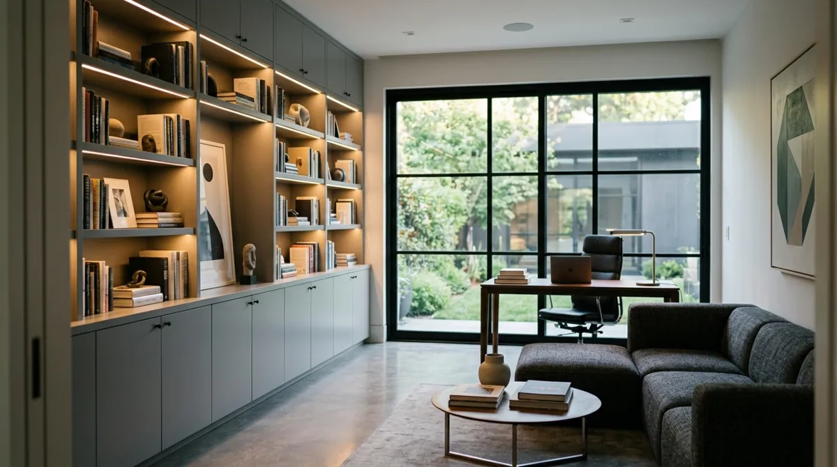 Contemporary home library with sleek gray built-ins, LED shelf lighting, modular seating, and large windows.