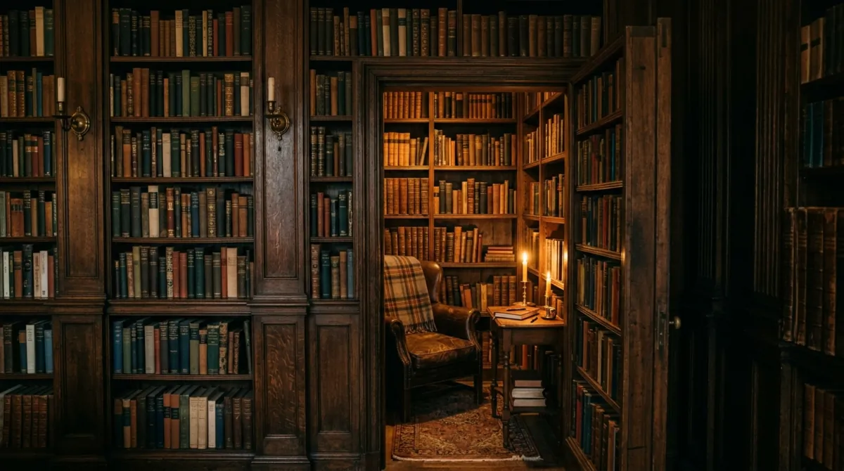 Hidden secret door home library with disguised bookshelf entrance, dark wood, and intimate warm lighting.