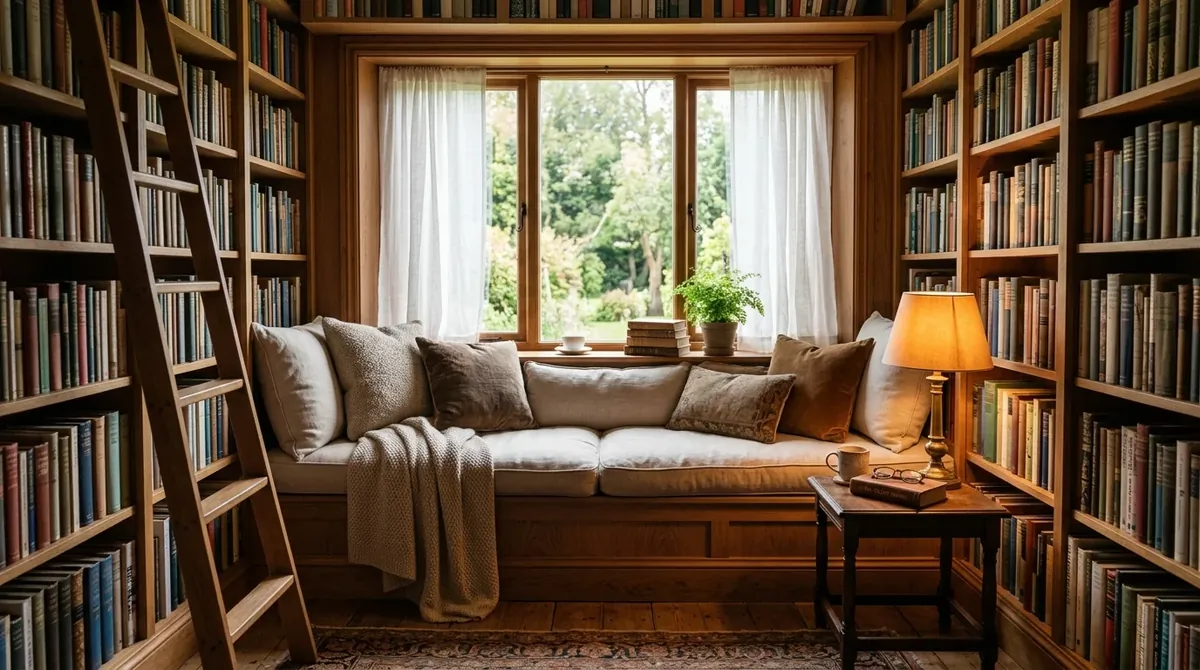 Cozy home library reading nook with a built-in window seat, shelves all around, and warm daylight through curtains.