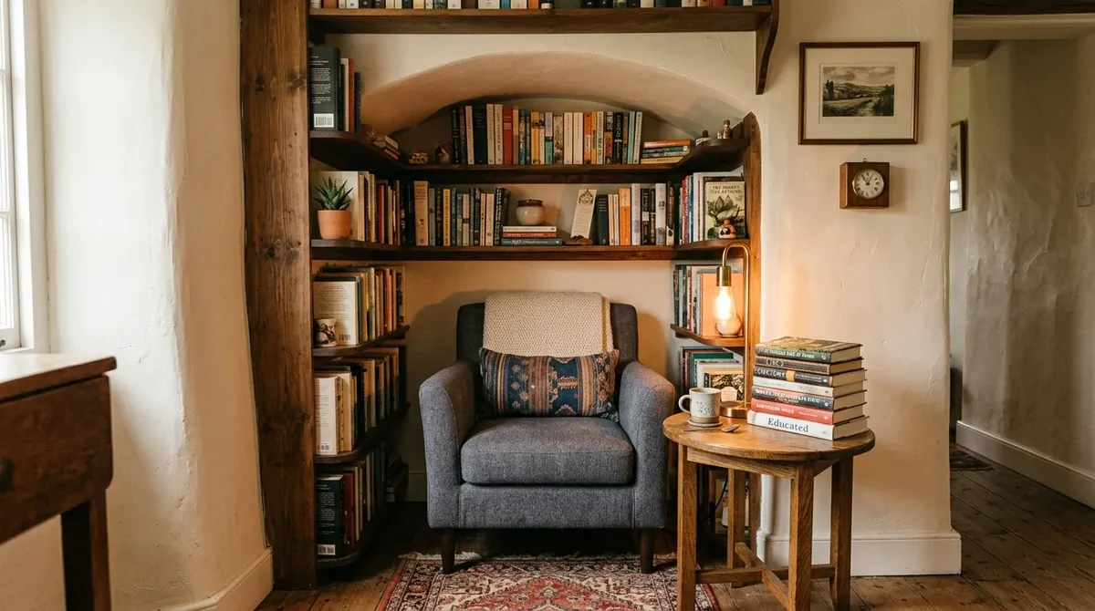 Small reading nook in a wall alcove with custom shelves, compact armchair, side table, and warm ambient lighting.