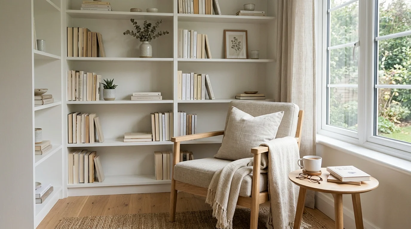 Minimal reading nook with white shelving, light oak chair, neutral textiles, and soft natural daylight.
