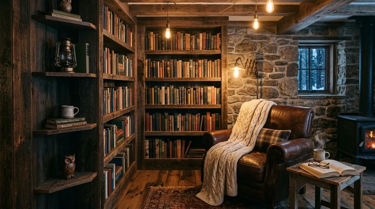 Rustic library nook with reclaimed wood shelves, leather chair, knitted throw, and warm Edison lighting.