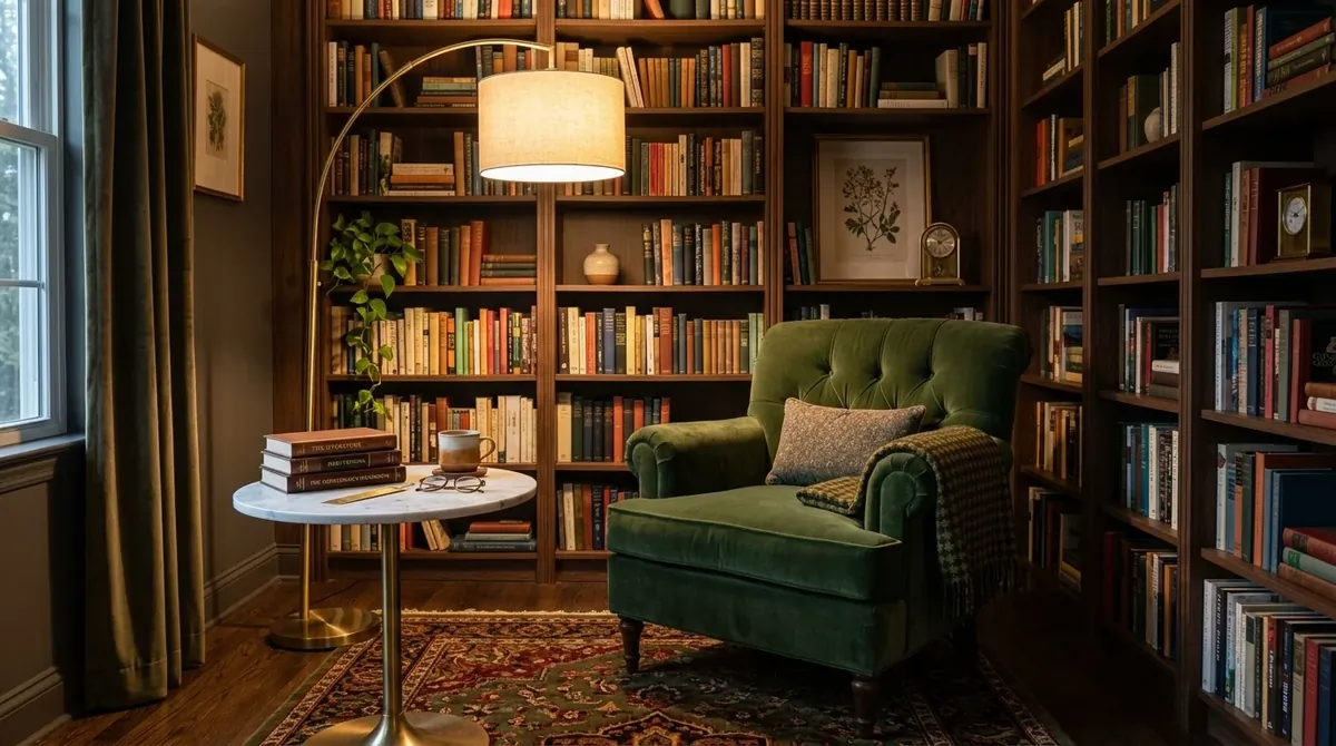 Elegant reading nook with green velvet chair, brass floor lamp, marble side table, and built-in bookshelves.