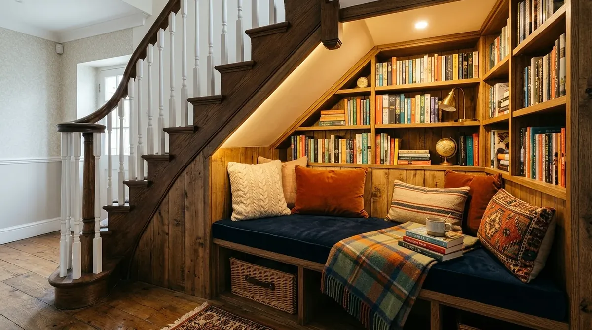 Under-stair reading nook with custom shelving, cushioned bench, pillows, and warm recessed lighting.