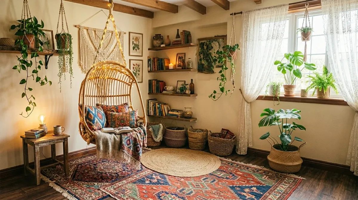 Bohemian reading nook with woven chair, patterned rugs, hanging plants, colorful cushions, and warm fairy lights.