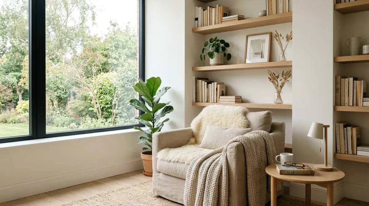 Scandinavian reading nook with light wood shelving, white walls, neutral seating, and bright window light.