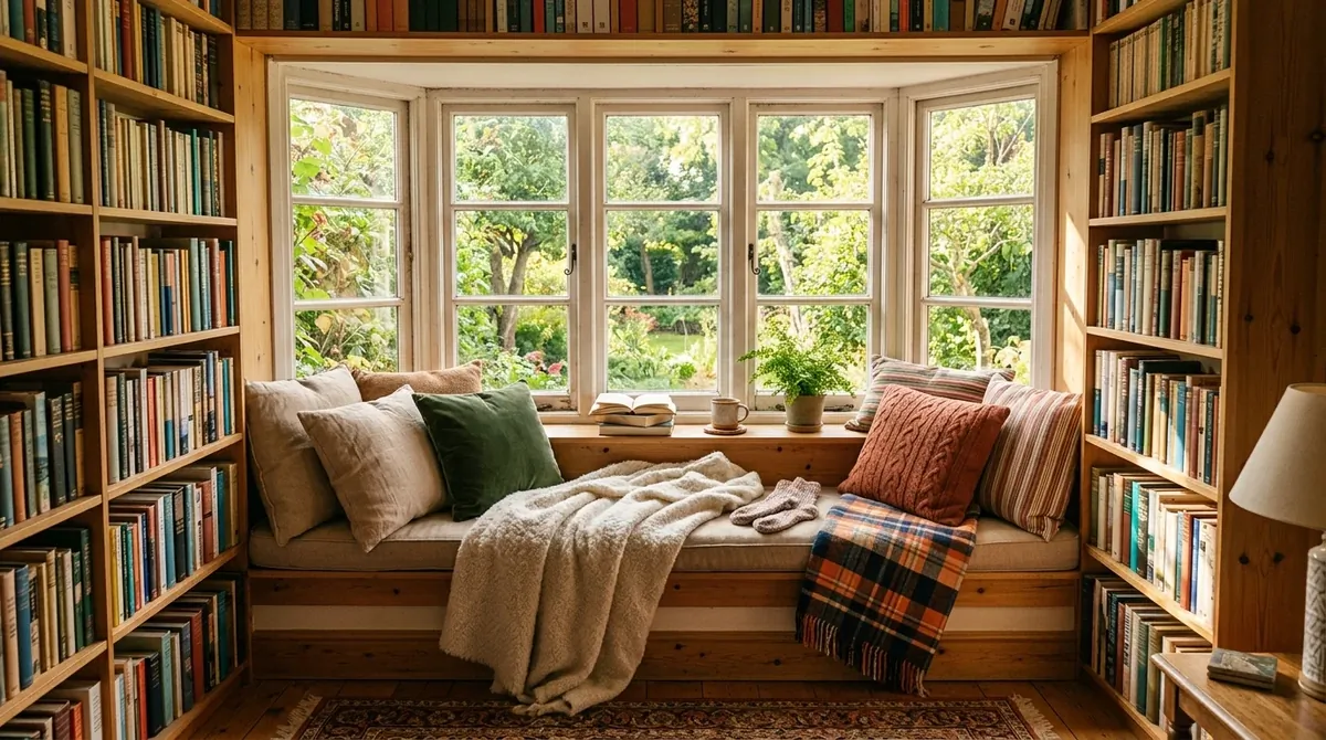 Bay window reading nook with plush cushions, blankets, surrounding shelves, and abundant sunlight.