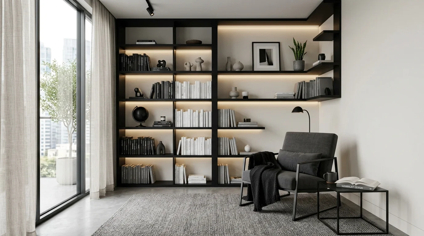 Modern reading nook with black shelving, lounge chair, hidden LED lights, and monochrome styling.