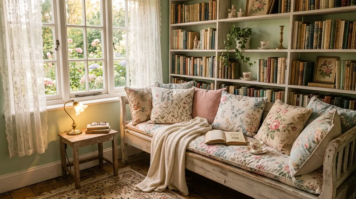 Cottage-style reading nook with whitewashed shelves, floral cushions, soft pastel tones, and warm golden light.