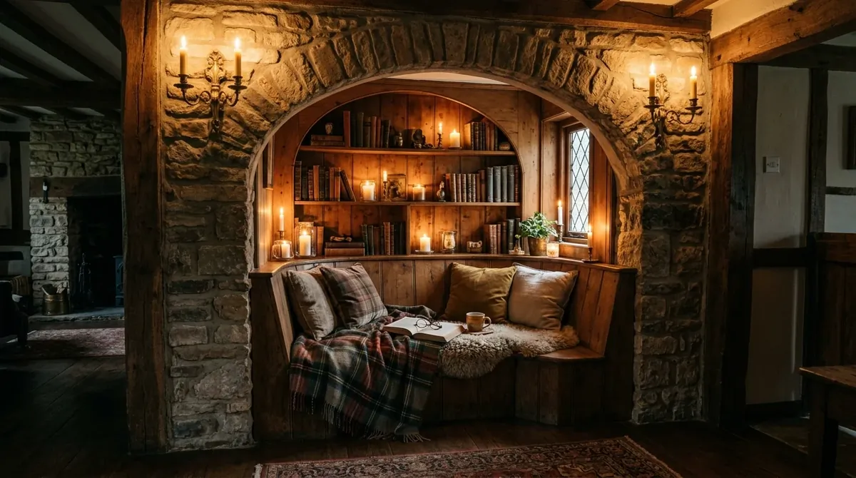 Hidden arched reading alcove with bench seating, niche shelves, and candle-style wall lights.