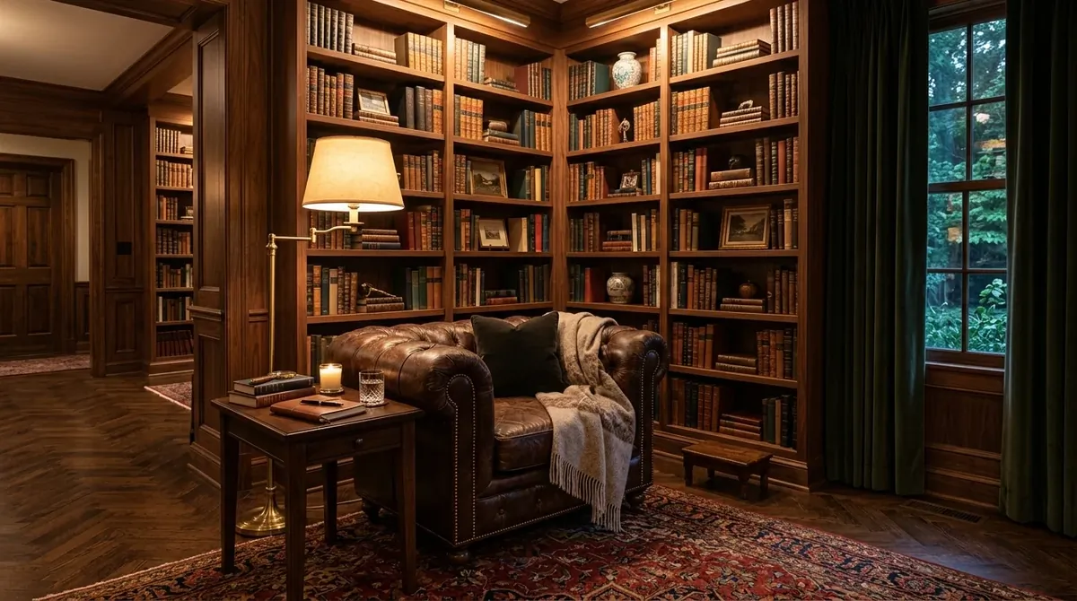 Luxury reading nook with walnut built-ins, tufted leather chair, brass lamp, and layered rich textures.