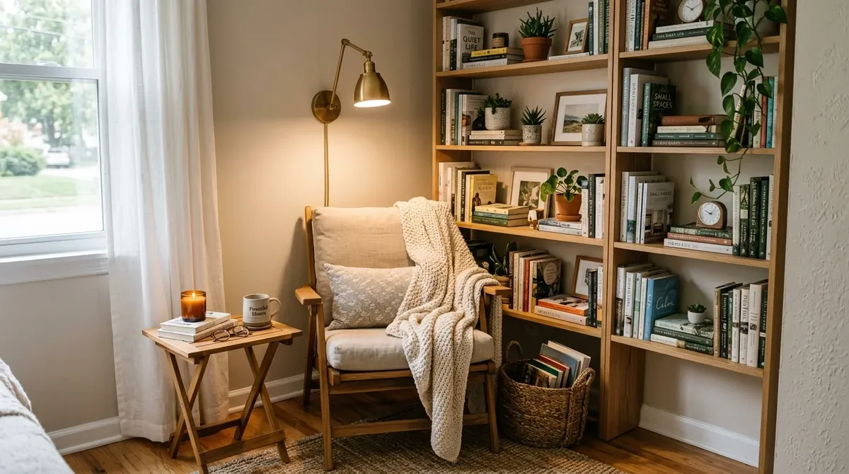 Compact apartment reading nook with vertical shelves, foldable chair, neutral tones, and efficient cozy lighting.