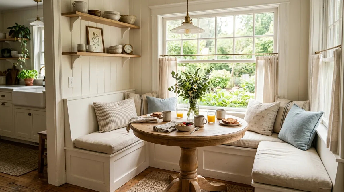 Cozy kitchen breakfast nook with white banquette seating, linen cushions, round wood table, and window light.