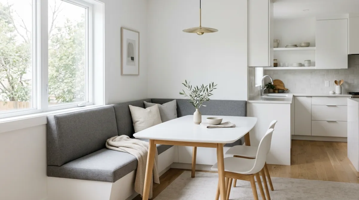 Modern banquette nook with gray upholstered bench, white table, and minimal decor.