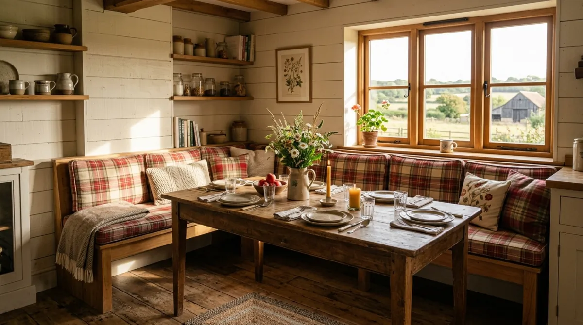 Farmhouse kitchen banquette with wood bench, plaid cushions, rustic table, and shiplap.