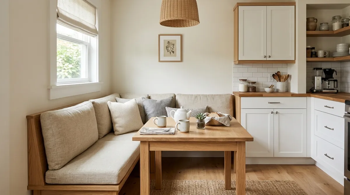 Small corner breakfast nook with L-shaped banquette, light wood table, and neutral tones.