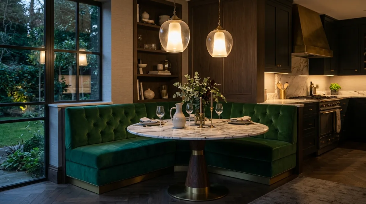 Luxury kitchen banquette with velvet seating, marble table, and pendant lighting.