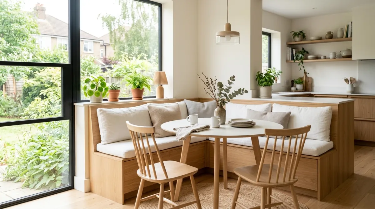 Scandinavian kitchen nook with light wood bench, white cushions, and round table.