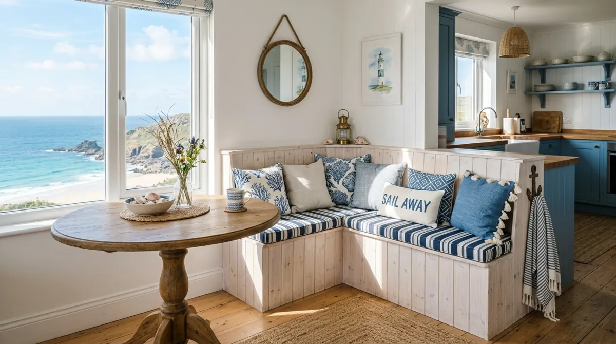 Coastal banquette with blue and white cushions, whitewashed wood, and beach decor.