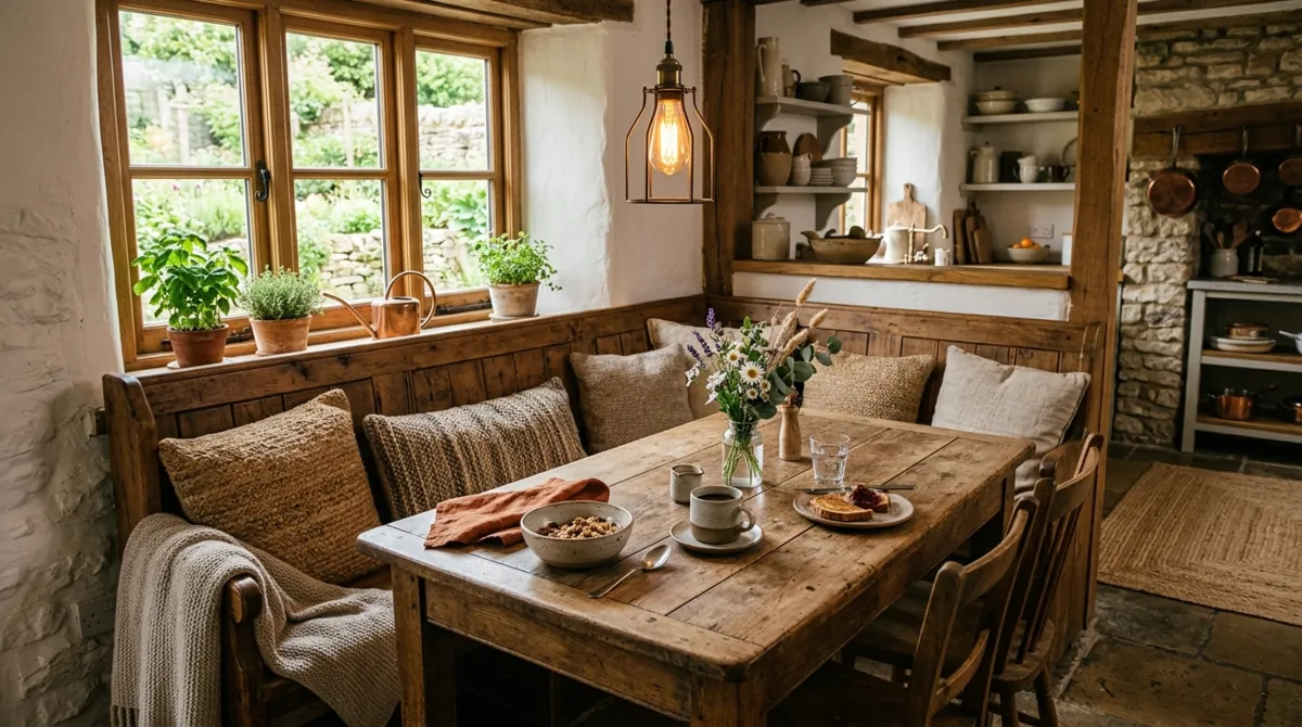 Rustic kitchen nook with reclaimed wood bench, woven cushions, and farmhouse table.