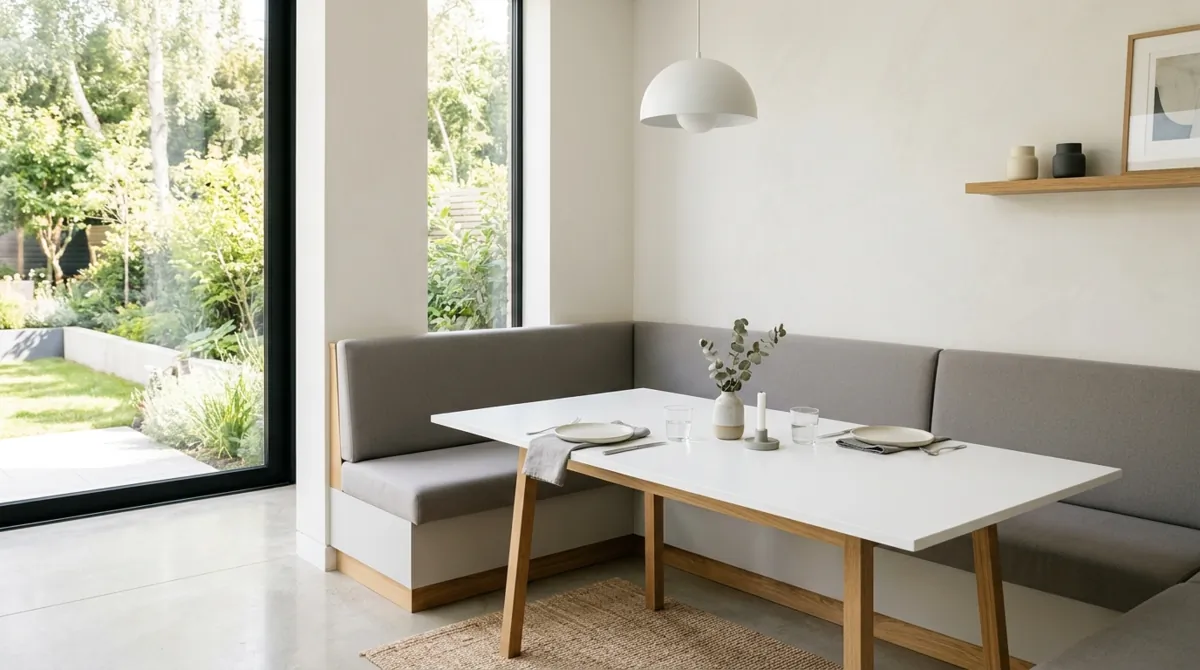 Minimal banquette with built-in seating, gray upholstery, white table, and uncluttered design.