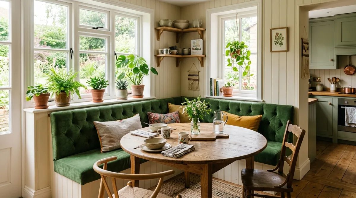 Corner kitchen nook with green banquette, wood table, plants, and natural light.