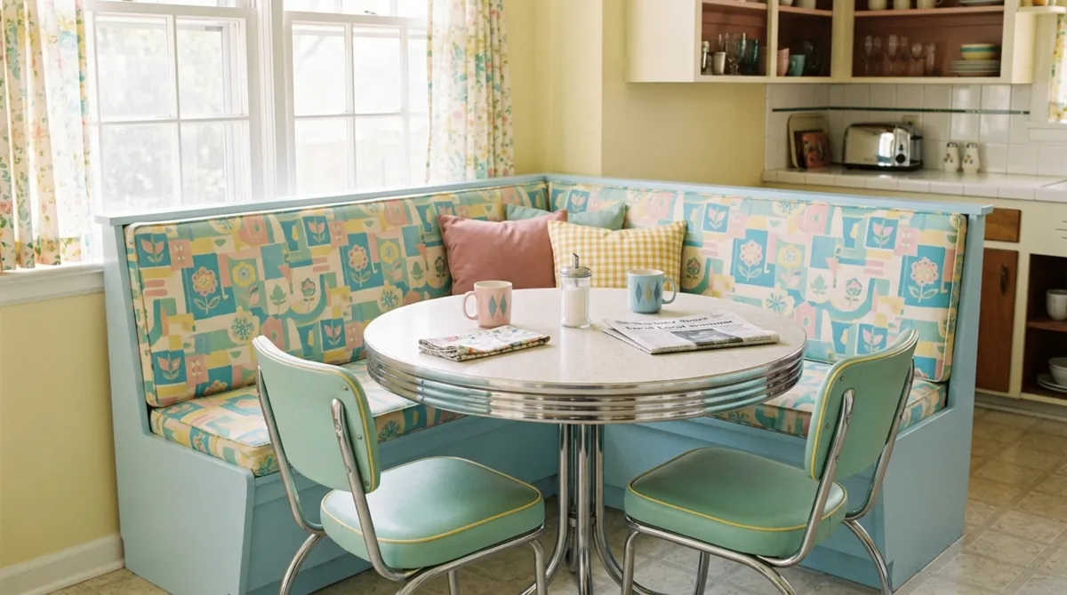 Retro banquette with patterned cushions, chrome-edged round table, and pastel tones.