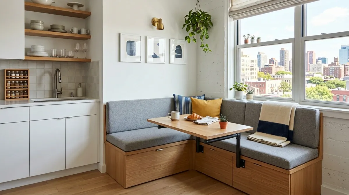 Compact apartment kitchen nook with storage banquette, wall table, and city daylight.