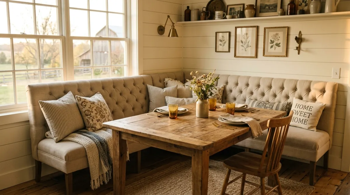 Farmhouse chic banquette with tufted bench, neutral tones, wood table, and cushions.