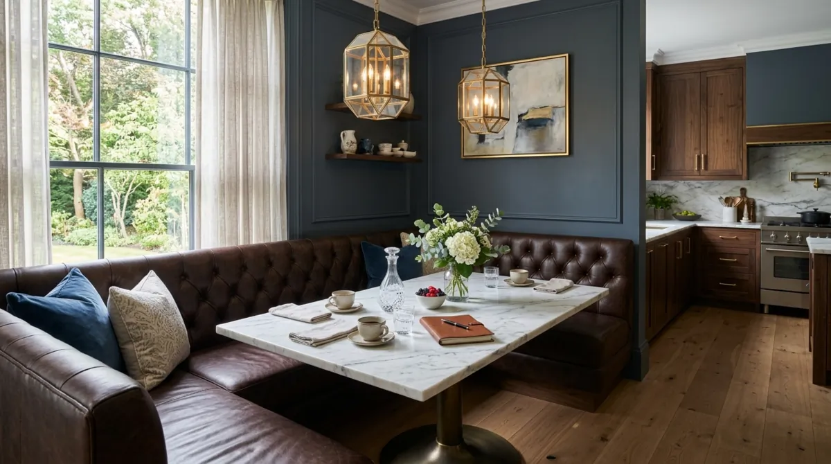 Luxury modern breakfast nook with leather banquette, marble table, and designer pendants.