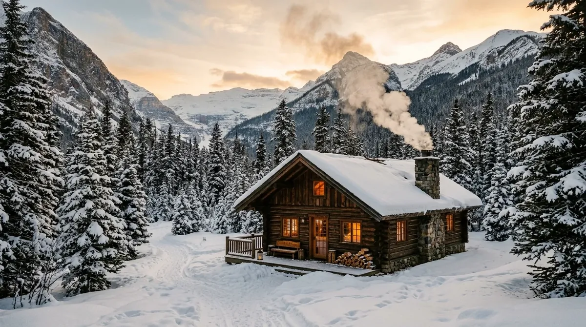 Cozy winter cabin in snowy mountains with glowing windows, wood exterior, and smoke from the chimney.