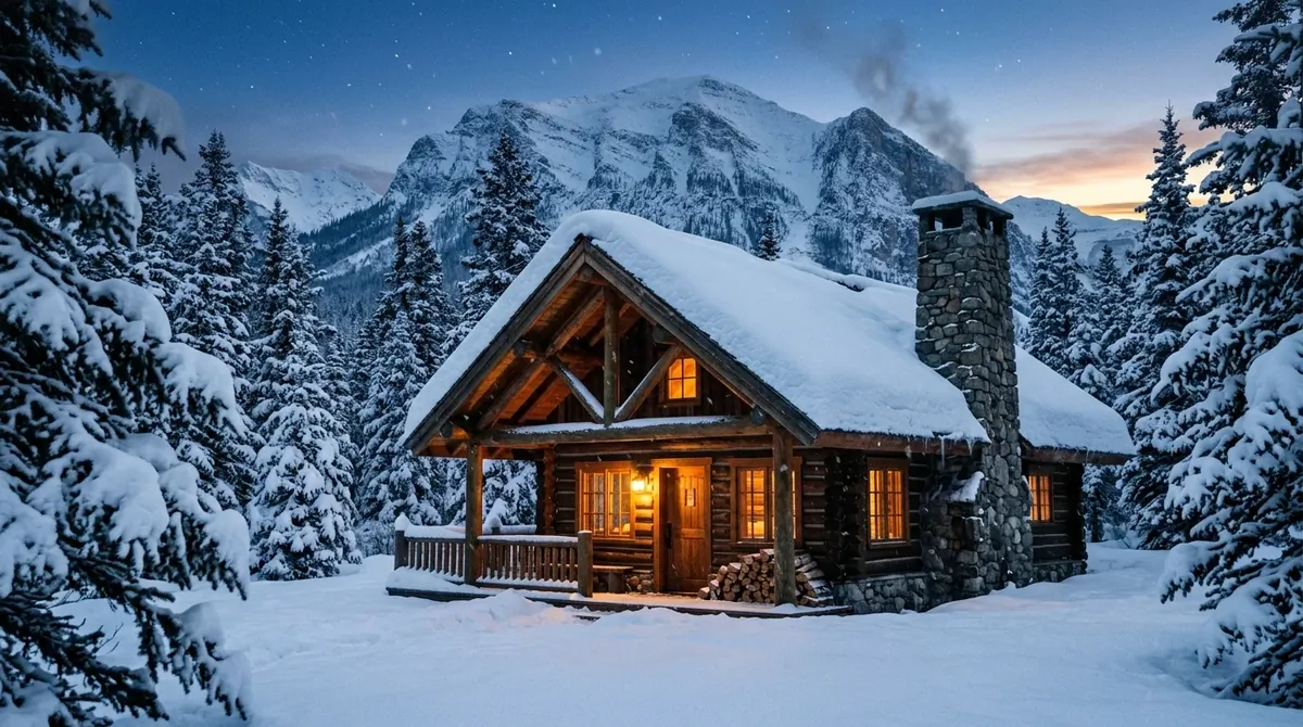 Snow-covered mountain cabin with pitched roof, stone chimney, frosted evergreens, and glowing windows.