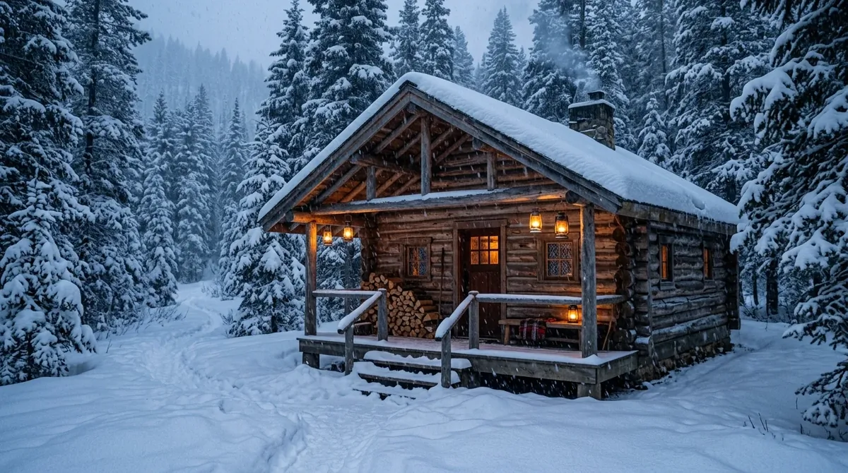 Rustic log cabin in deep snow with lanterns on porch, stacked firewood, and quiet forest setting.