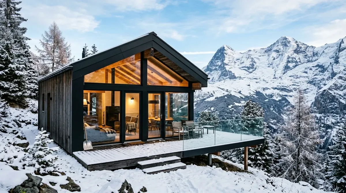 Modern alpine cabin with dark wood exterior, large glass windows, and snowy mountain peaks behind.